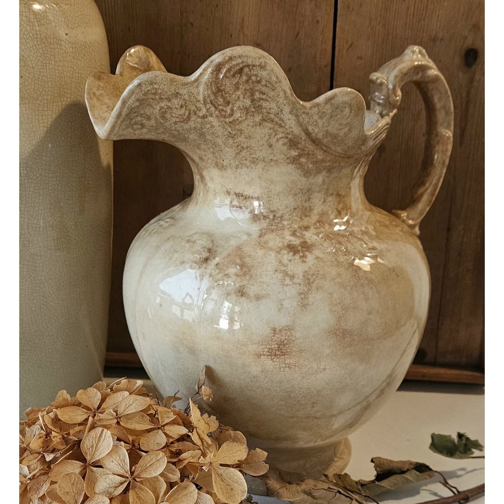 Large Ironstone Water Pitcher Stained Crazed Farmhouse Primitive